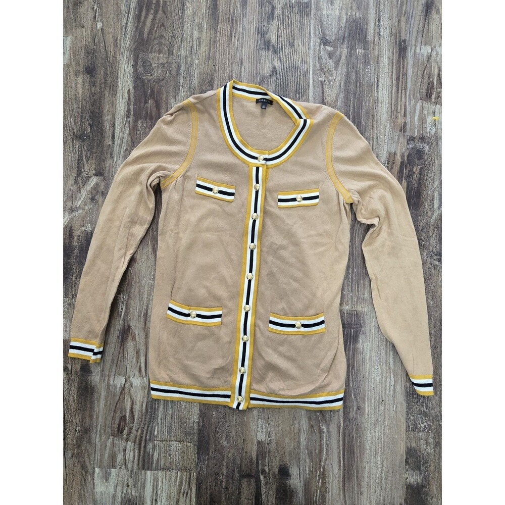 Talbots Preppy Beige Cardigan Sweater Gold Black Stripe Trim Button Front Pocket